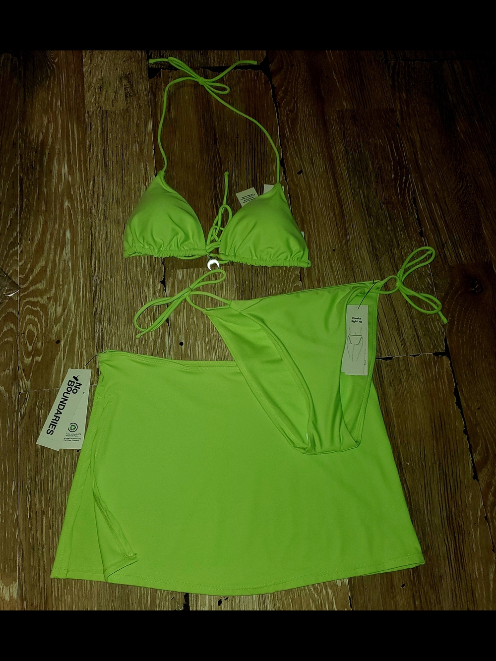 No Boundaries Neon Lime 3 Piece Bikini Set with Skirt Cover